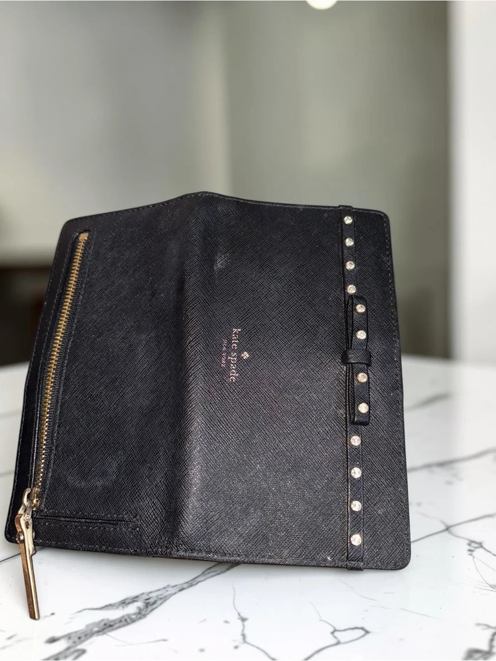 kate spade Black Saffiano Leather wallet with gem -Stud Bow Trim